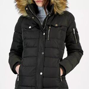 Michael Kors Faux Fur Trim Down Puffer Coat-Black